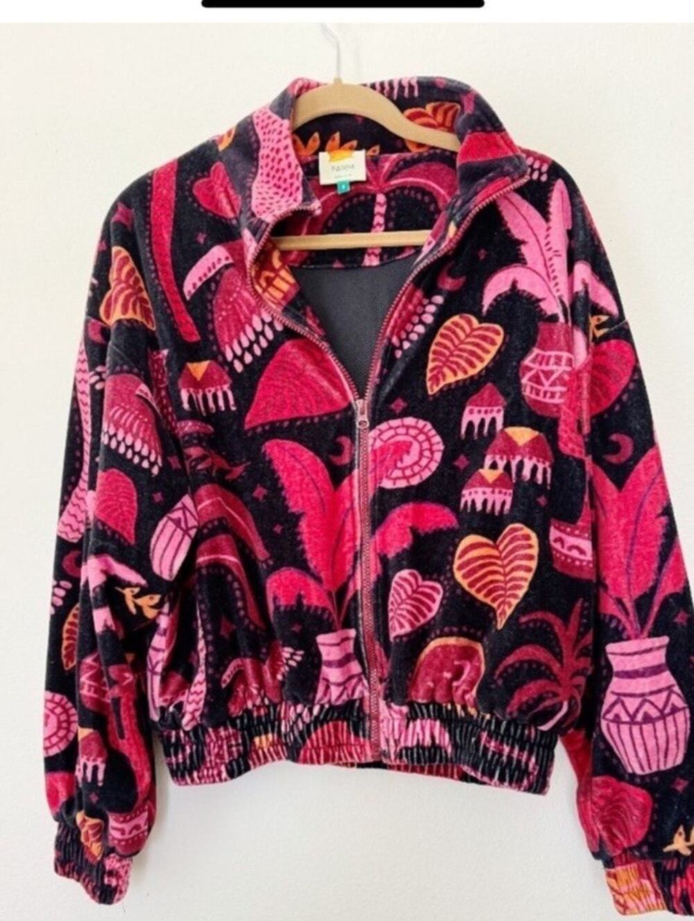 Farm Rio Velour Tropical Jacket Palm Trees Sz Small Vacation Resort Fall - Picture 1 of 7